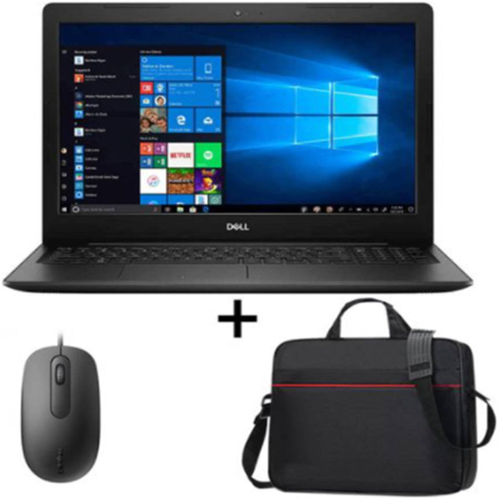 Dell laptop with a mouse and bag on a white background