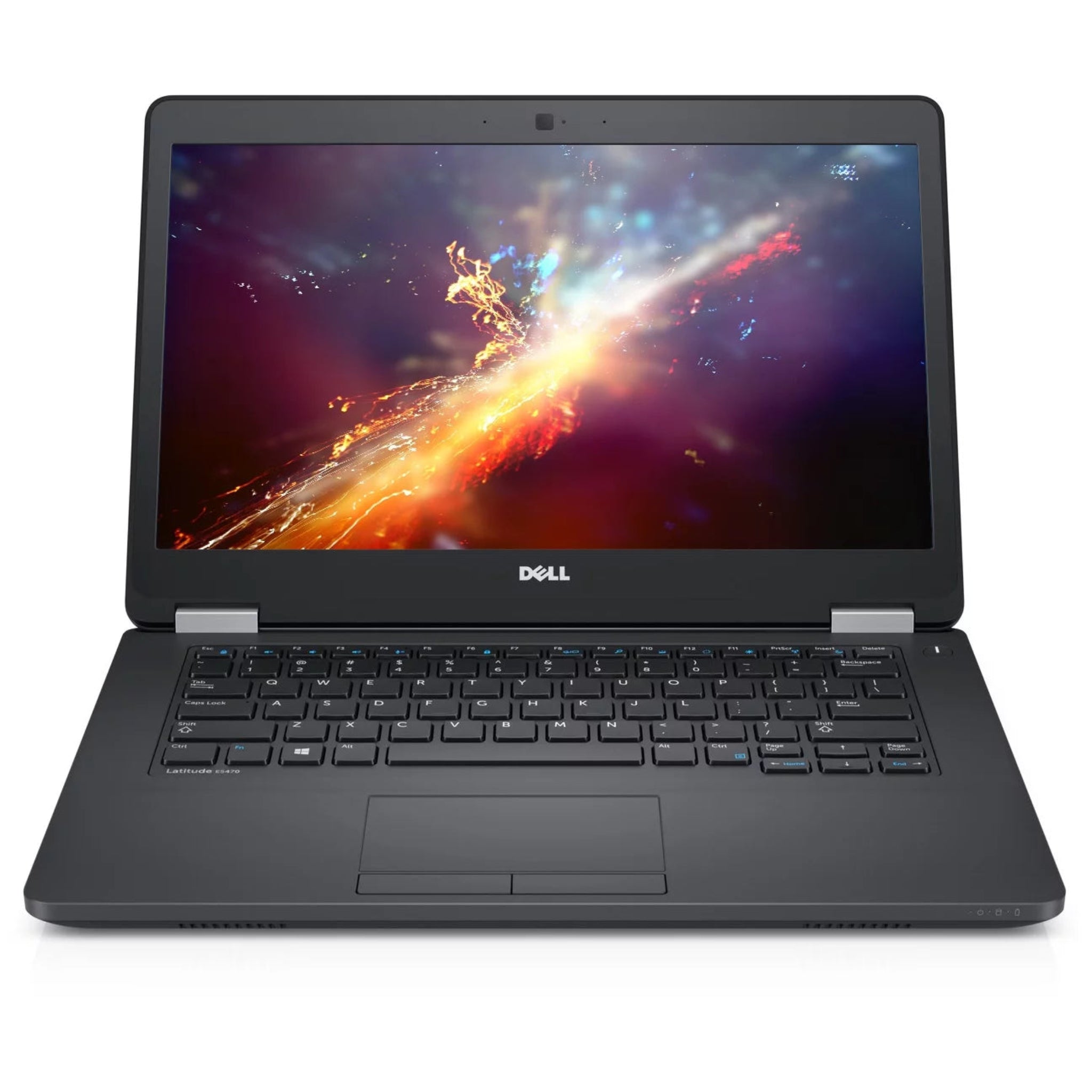 Black Dell laptop with a colorful space-themed display on a white background